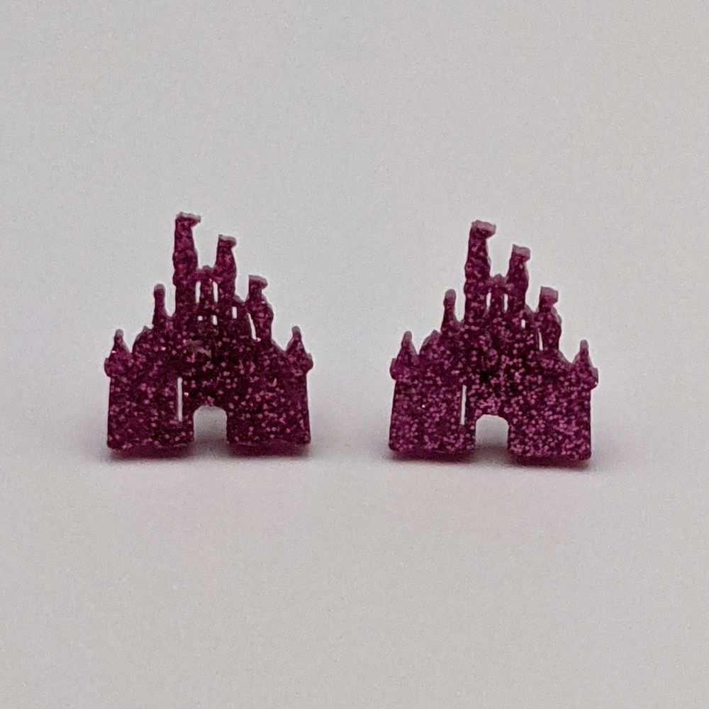 Disney princess castle pink glitter stud earrings - Picture 3 of 7